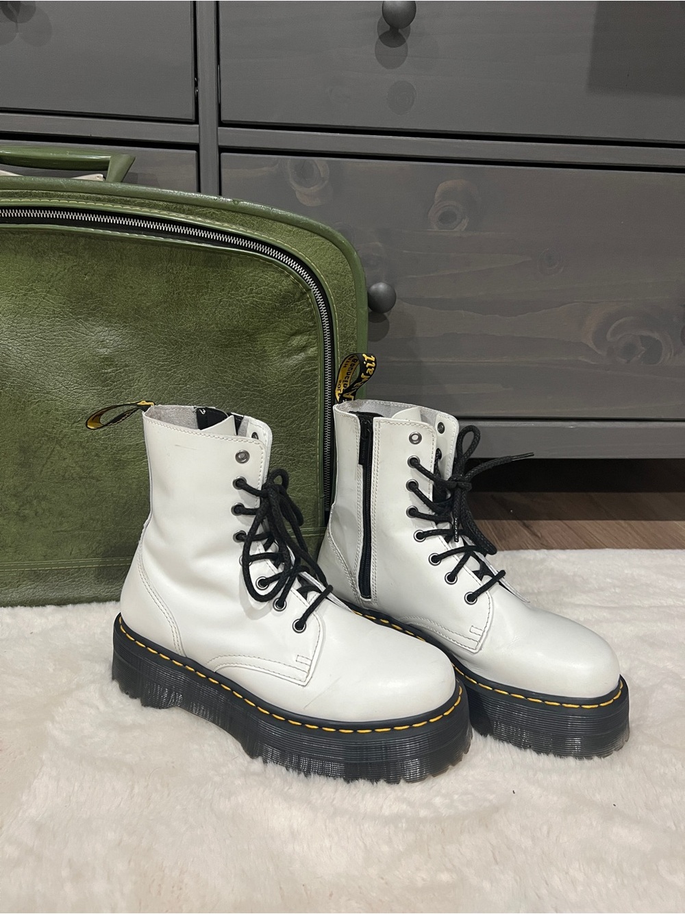 Dr. Martens White Platform Lace-Up Combat Boots with Black Laces